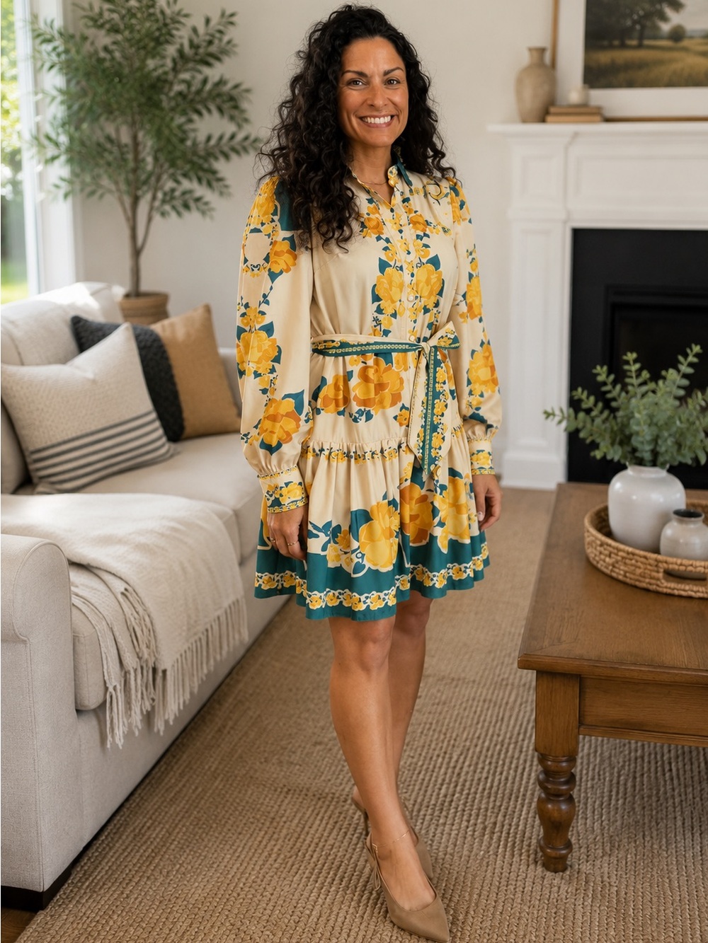 Cream & Yellow Floral Button-Front Mini Dress with Tie Waist